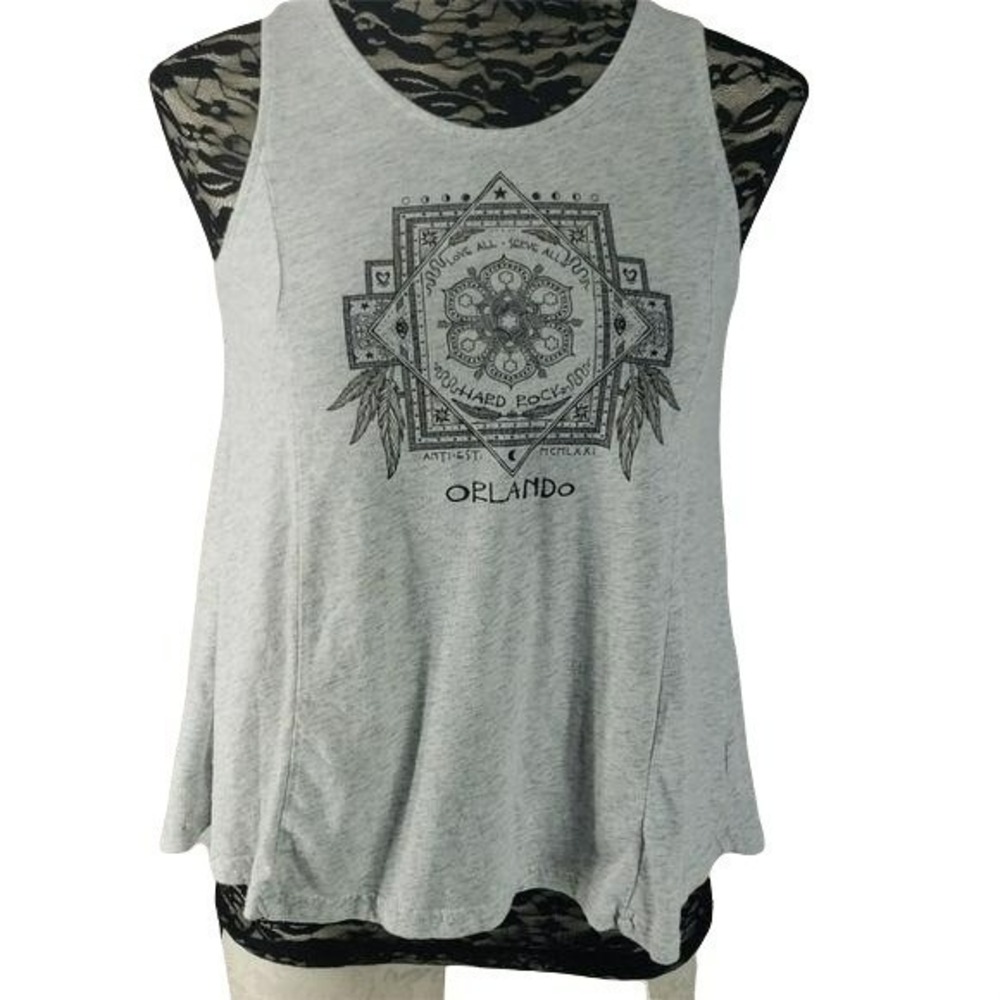 Hard Rock Couture Orlando Gray Graphic Tank Top Lace Up Back Small